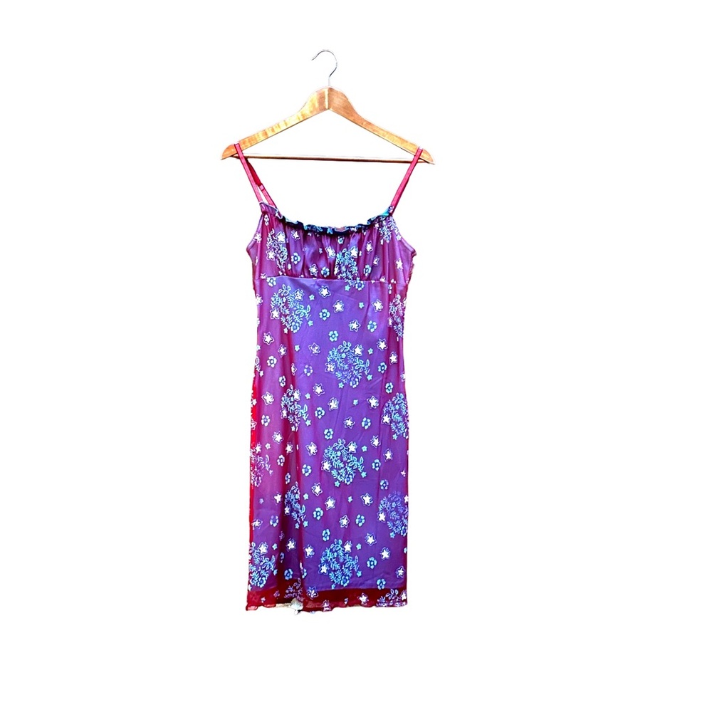 Vintage Milkmaid Sheath Midi Dress Cranberry Red Aqua White Floral 90s S Small